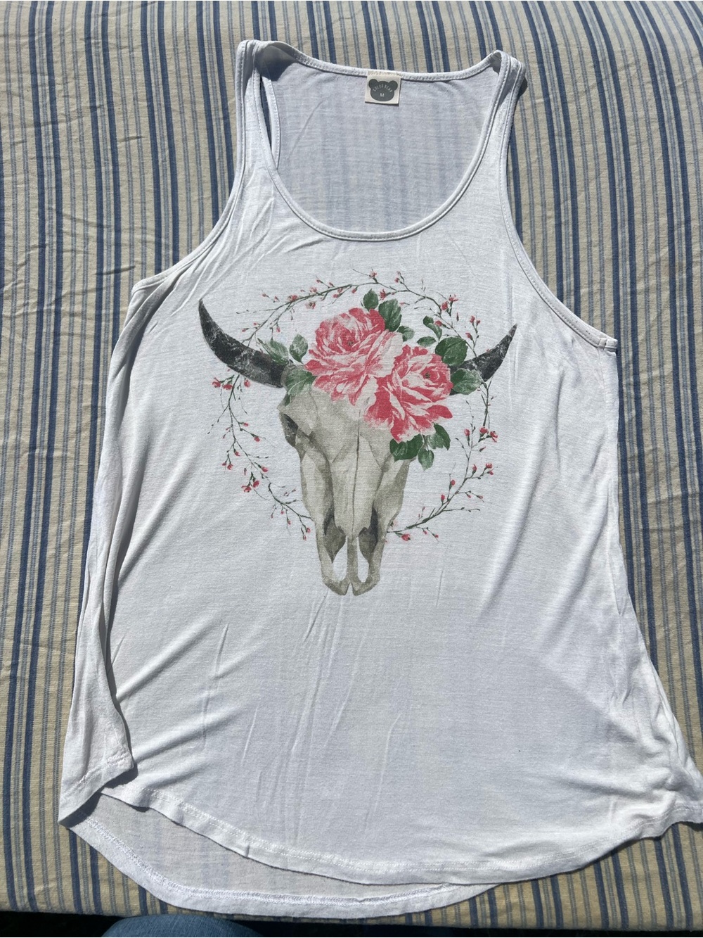 Floral Bull Skull Scoop Neck Tank Top - White
